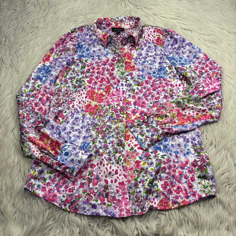 Tamara H Women's S Pink Purple Floral Satin Button Front Shirt‎ Feminine Spring